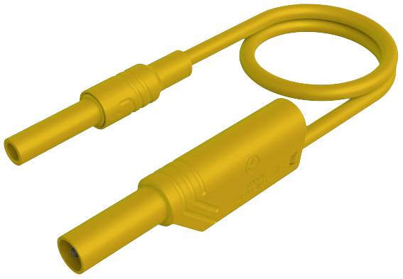 Câble adaptateur jaune doté de deux connecteurs, l'un linéaire et l'autre en boucle, pour des connexions électroniques.
