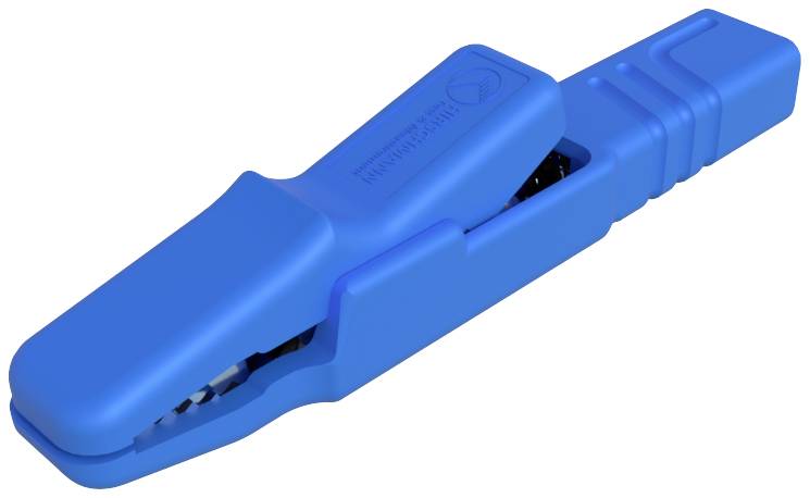Un adaptateur de pince crocodile bleu en plastique, utilisé pour connecter des appareils de mesure à des composants sous tension.