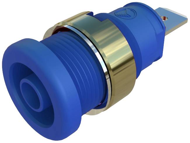 Interrupteur à bouton-poussoir bleu avec anneau métallique doré et embase de contact rouge. Adapté pour les circuits et appareils électriques.