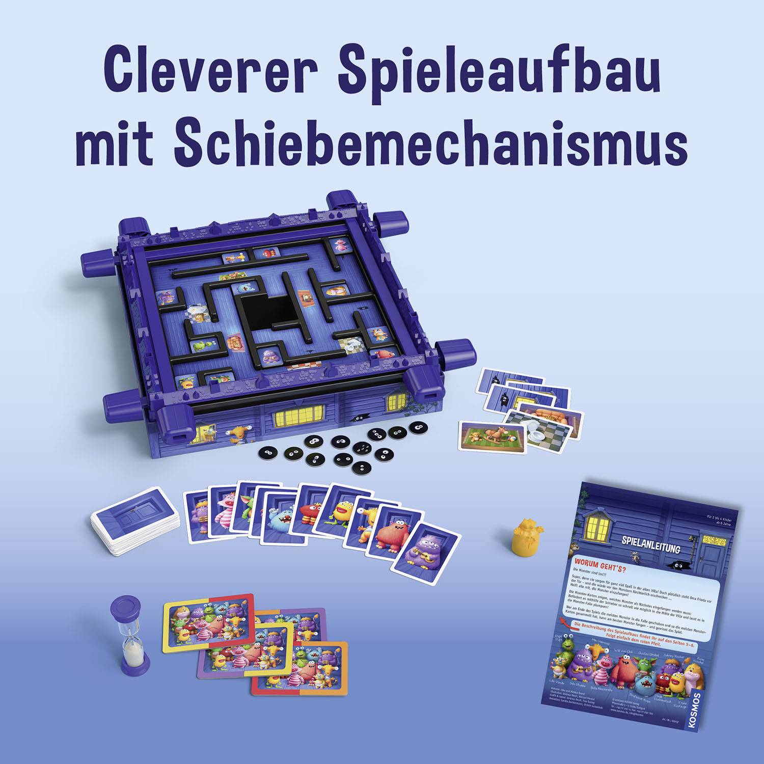Dispositif de jeu plus intelligent avec mécanisme coulissant - Jeu de société avec cartes, instructions et sablier, présentant le thème du labyrinthe et ses accessoires.