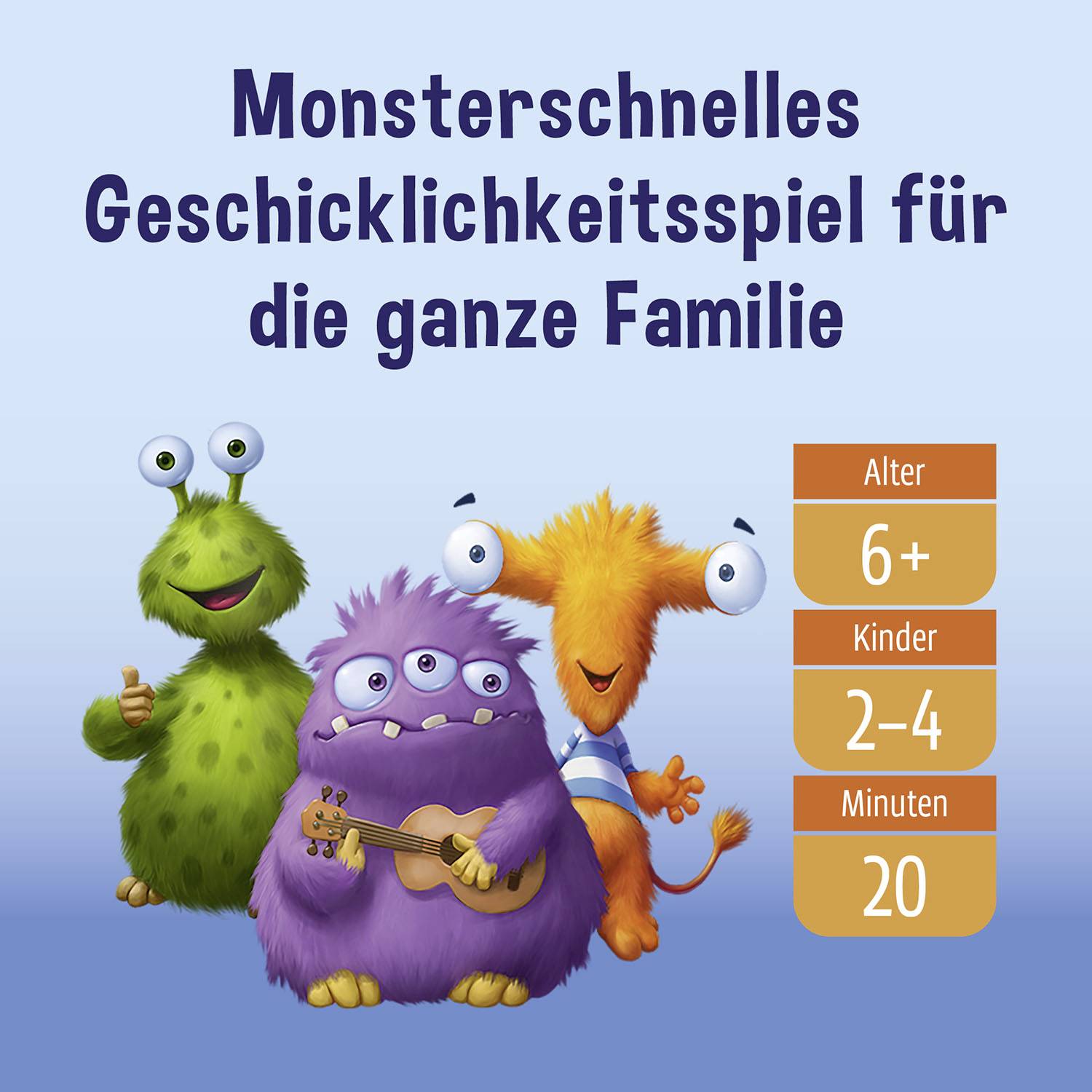 Trois monstres colorés avec le texte : 'Jeu de rapidité et d'adresse pour toute la famille'. Indication de l'âge et durée de jeu.