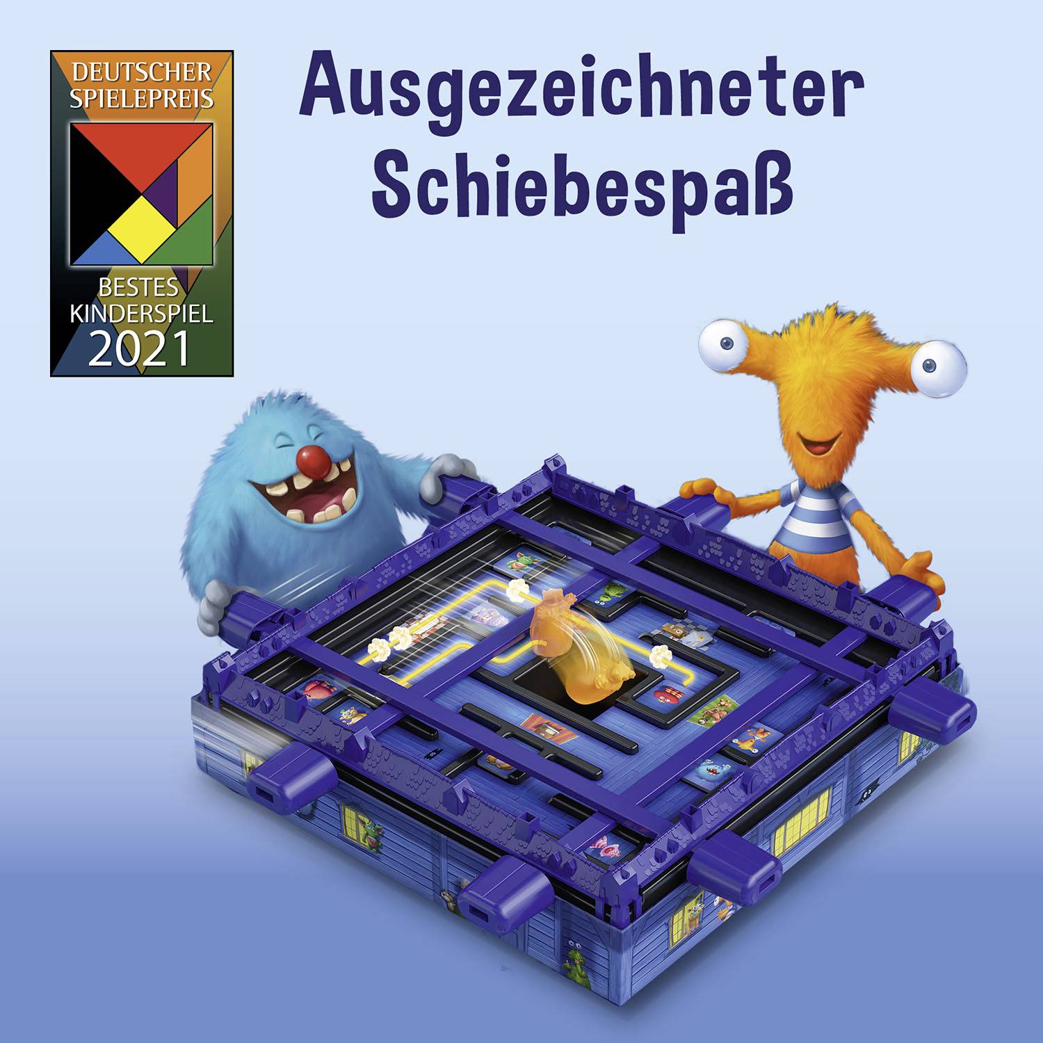 Deux figures de monstres jouent à un jeu de plateau coloré et labyrinthique. En haut est écrit 'Amusement coulissant exceptionnel'. Prix du jeu 2021.