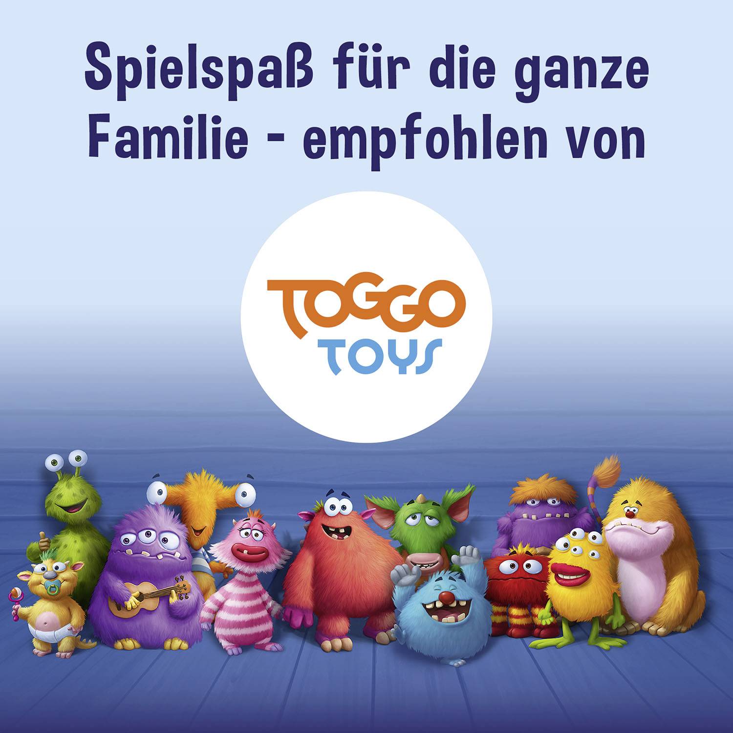 Des monstres colorés sont debout ensemble sur une surface bleue. En haut, il est écrit : « Amusement ludique pour toute la famille - recommandé par TOGGO TOYS ».