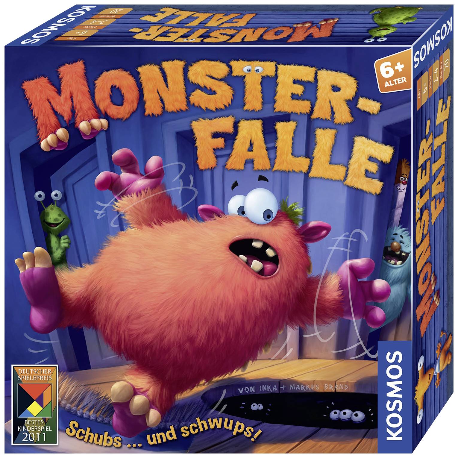 Boîte de jeu de 'Piège à Monstre' de Kosmos montrant un monstre de dessin animé rouge dans une pièce. Convient aux enfants à partir de 6 ans.