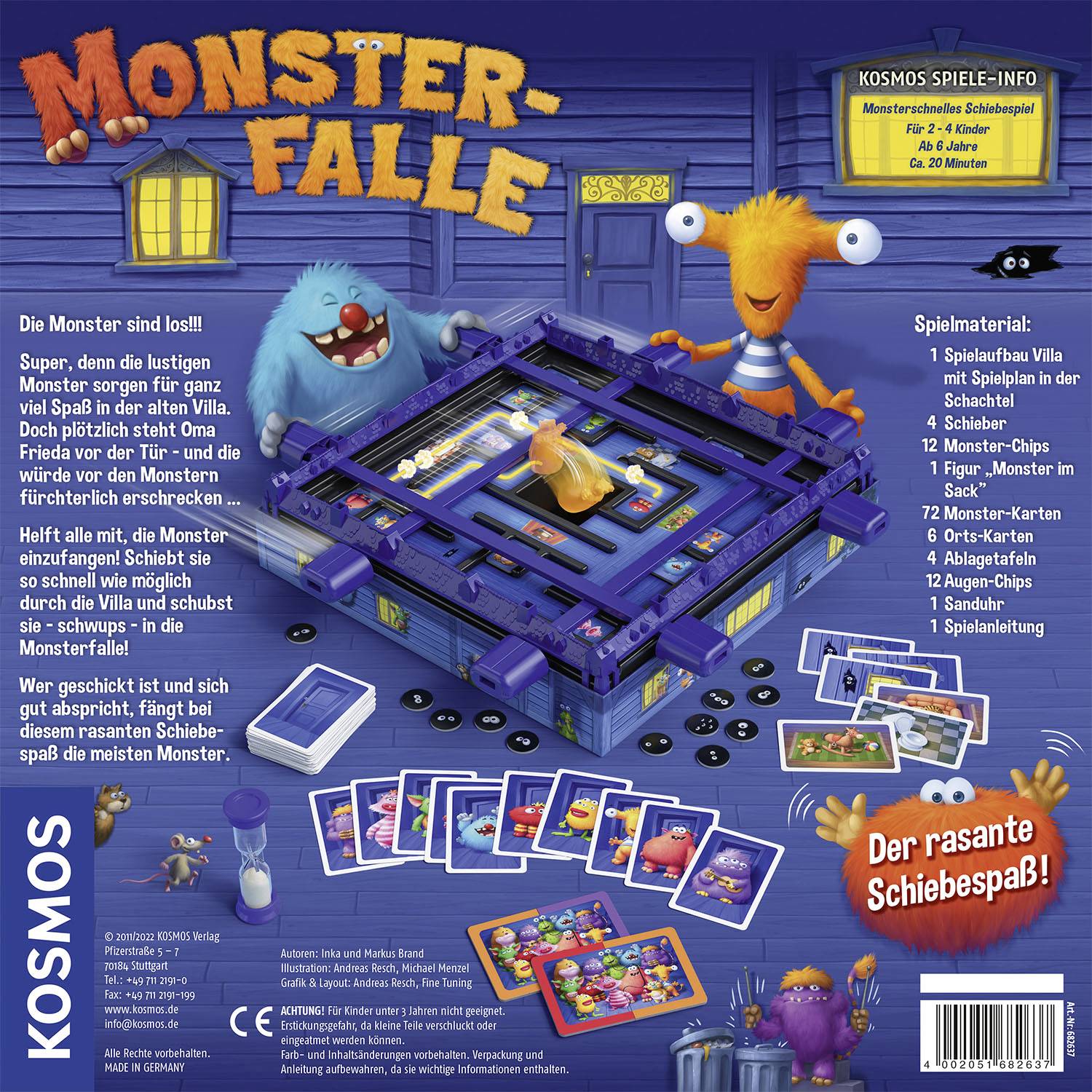 Jeu de société 'Piège à Monstres' de Kosmos. Deux figurines de monstres, plateau de jeu, cartes et accessoires sur un fond violet. Objectif : capturer des monstres.