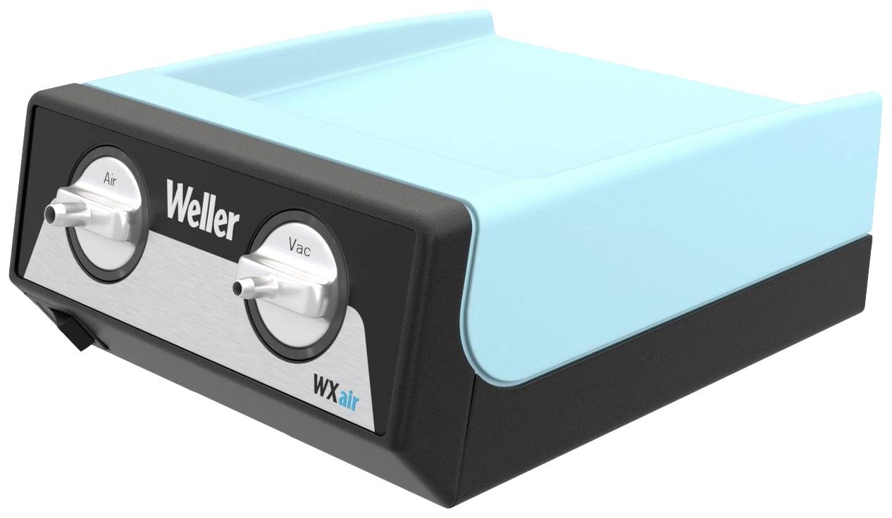 Une station de soudage bleue et noire portant les inscriptions 'Weller' et 'WXair' avec deux boutons rotatifs étiquetés 'Air' et 'Vac'.