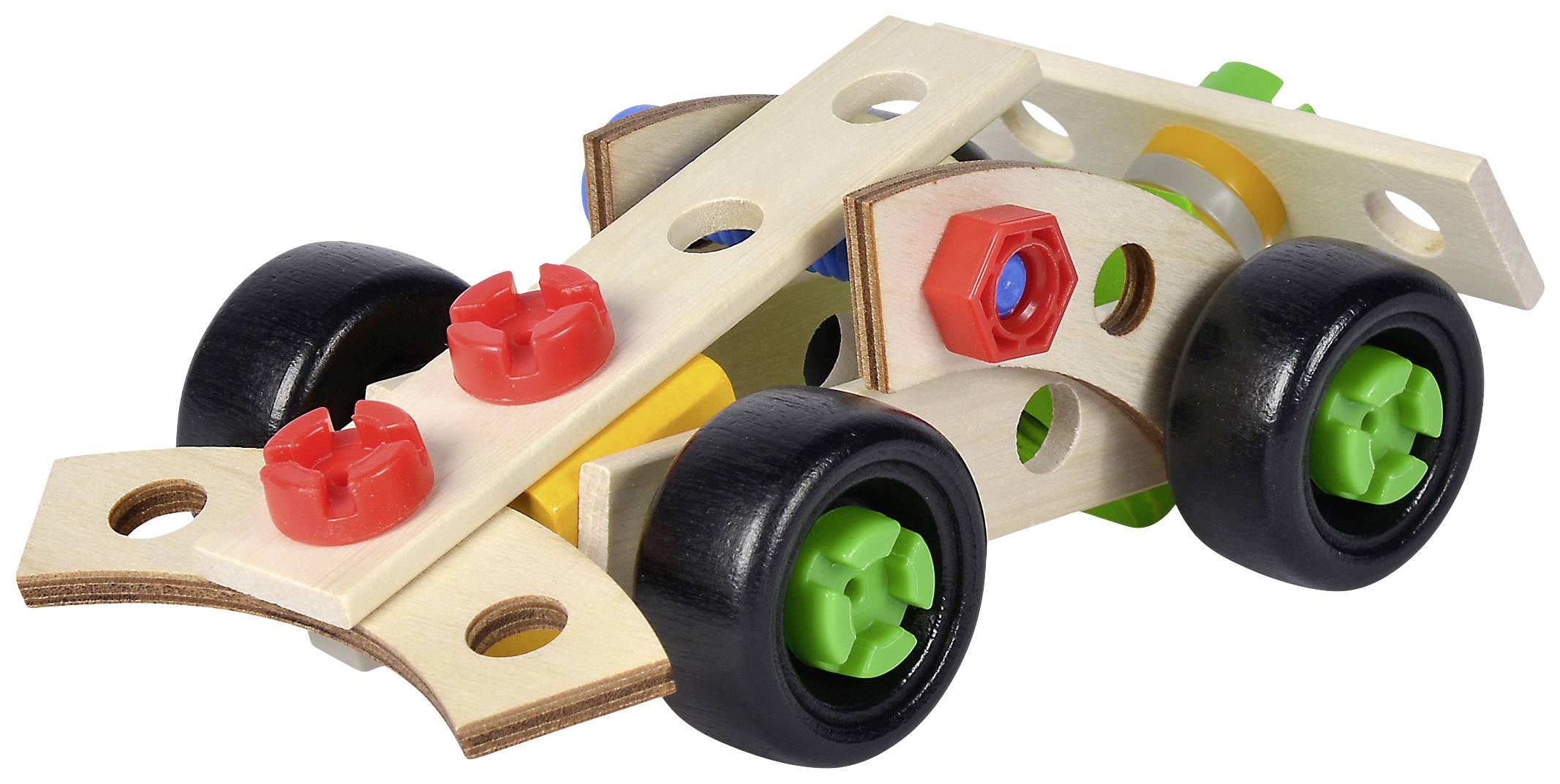 Une petite voiture jouet en pièces de bois et de plastique avec des roues colorées et des vis, qui peut être construite pour les enfants.