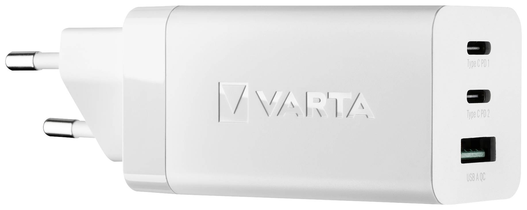 Chargeur blanc VARTA avec fiche européenne, deux ports USB-C et un port USB-A.