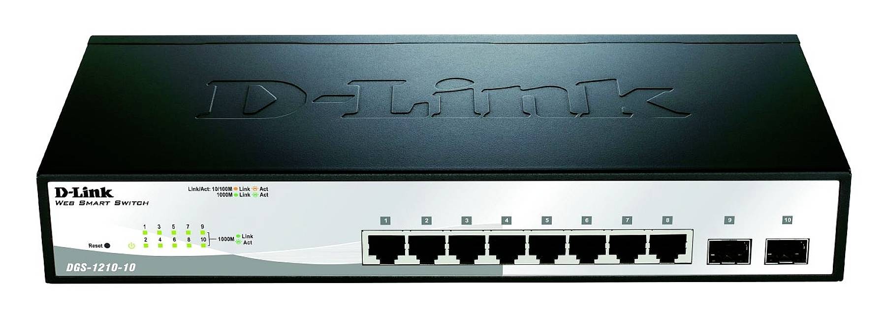 Un commutateur réseau noir de D-Link avec huit ports Ethernet et deux ports à fibre optique. Des voyants LED sont visibles sur la face avant.