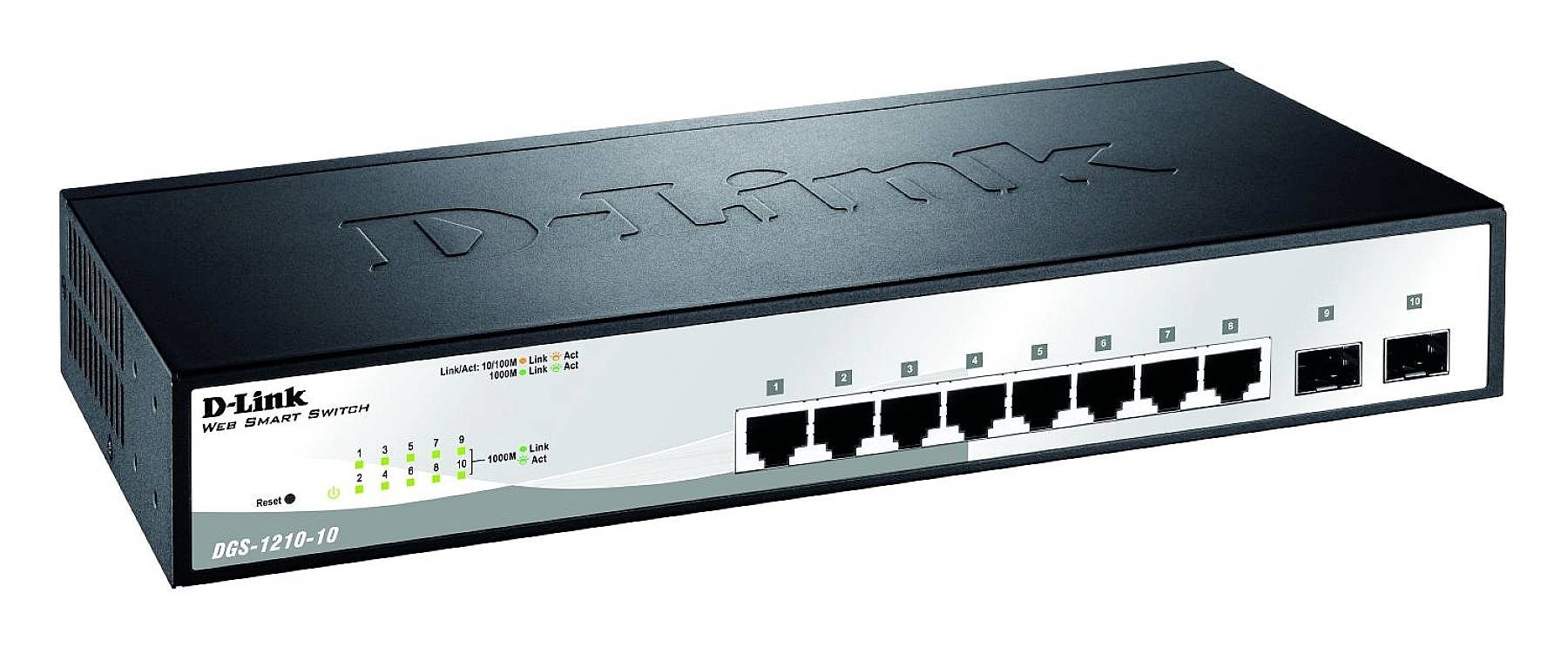 Un switch réseau noir D-Link avec dix ports Ethernet et des voyants LED pour le statut et la connexion. Modèle DGS-1210-10.
