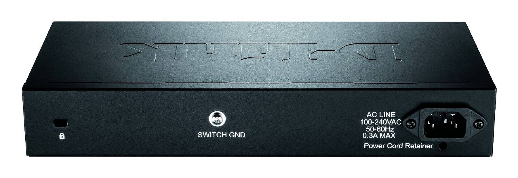 Commutateur réseau D-Link noir, vue arrière avec connexion d'alimentation, étiquettes pour ligne CA, indications de tension et d'intensité de courant.