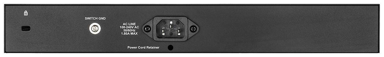 L'arrière d'un appareil électronique avec un interrupteur secteur et une prise d'alimentation. Inscription : « Retenue de cordon d'alimentation » à côté de la prise.