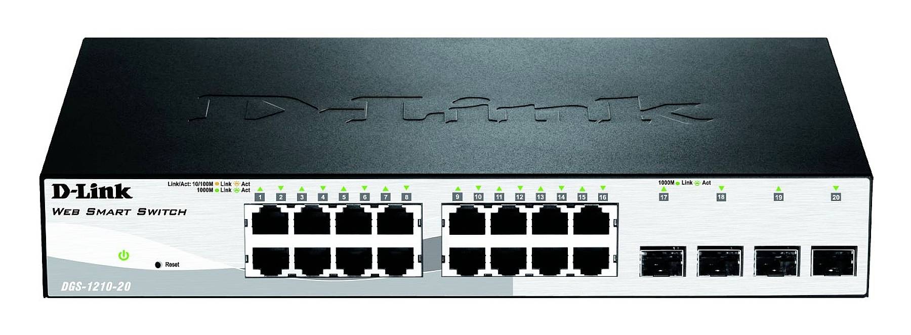 Un commutateur intelligent Web D-Link avec 24 ports Ethernet et 4 emplacements SFP, adapté aux connexions réseau dans les environnements d'entreprise.