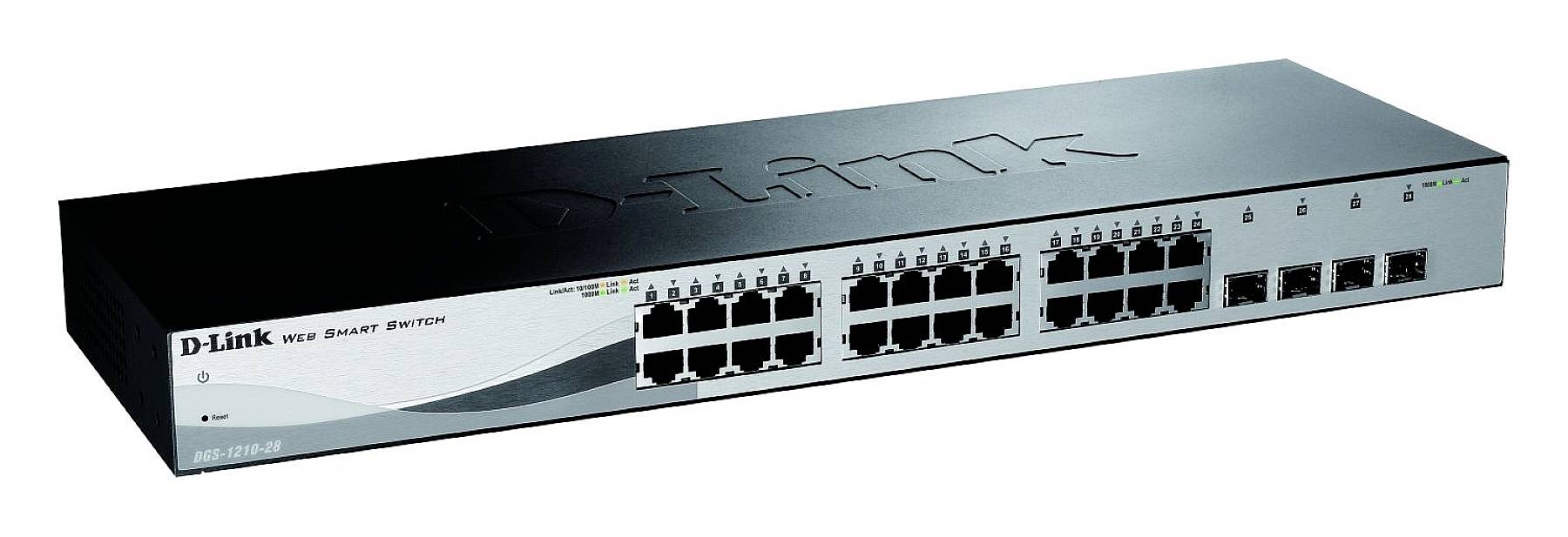 Un commutateur réseau noir portant l'inscription 'D-Link' sur sa façade, équipé de plusieurs ports Ethernet pour la distribution des données.