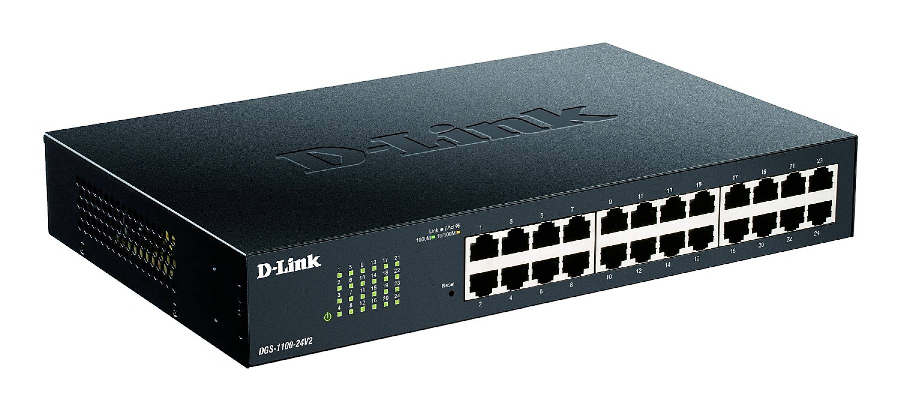 Un commutateur réseau noir avec 24 ports Ethernet et des voyants LED verts, de la marque D-Link.