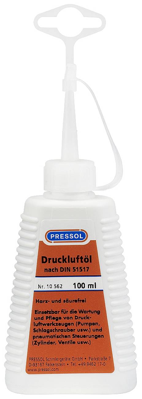 Bouteille de 100 ml d'huile pour air comprimé, marque 'Pressol'. Adaptée à la maintenance des outils pneumatiques conformément à la norme DIN 51517.