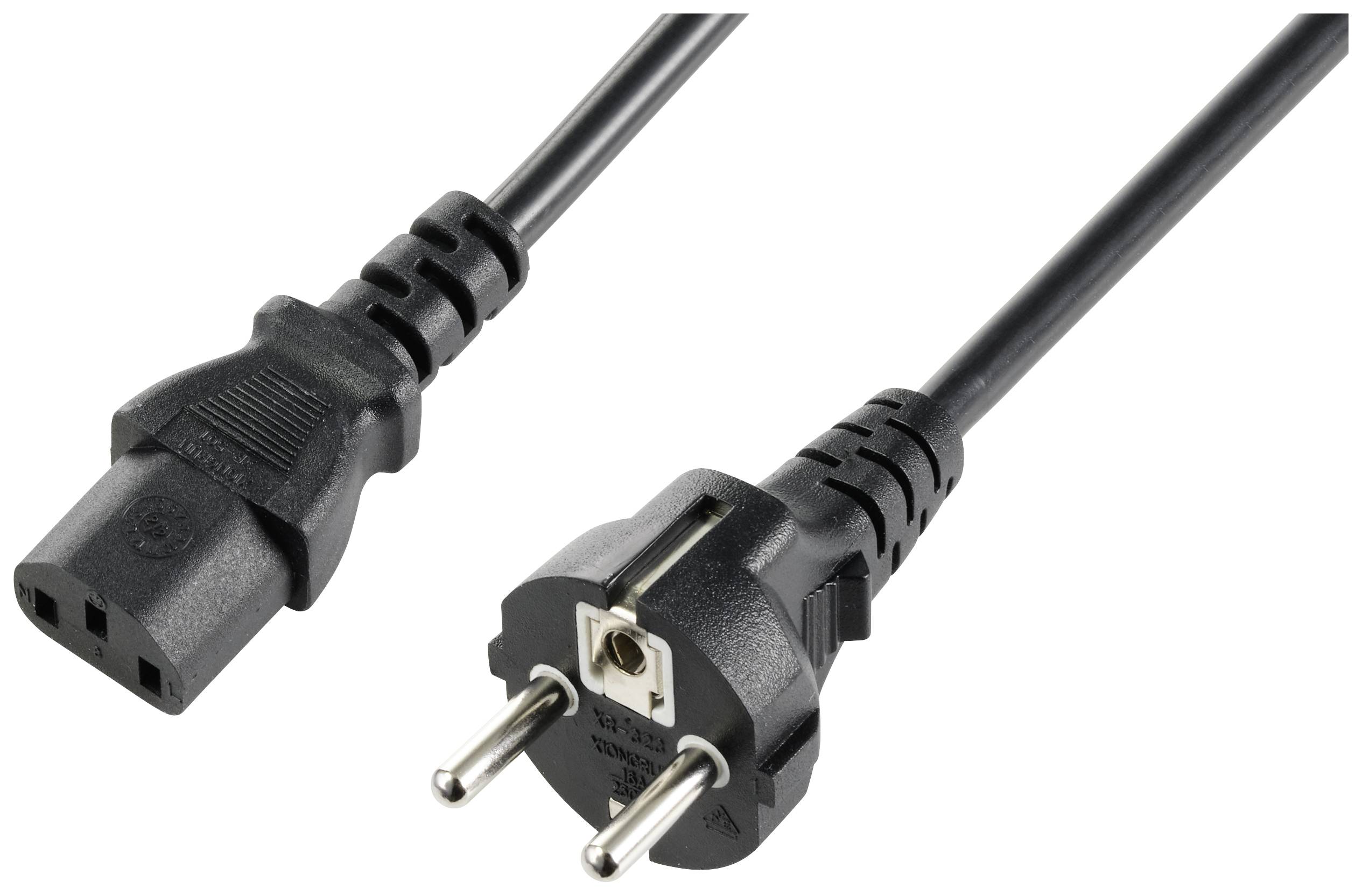 Illustration d'un câble réseau noir avec une fiche Europe et un connecteur IEC, utilisé pour l'alimentation électrique des appareils électroniques.