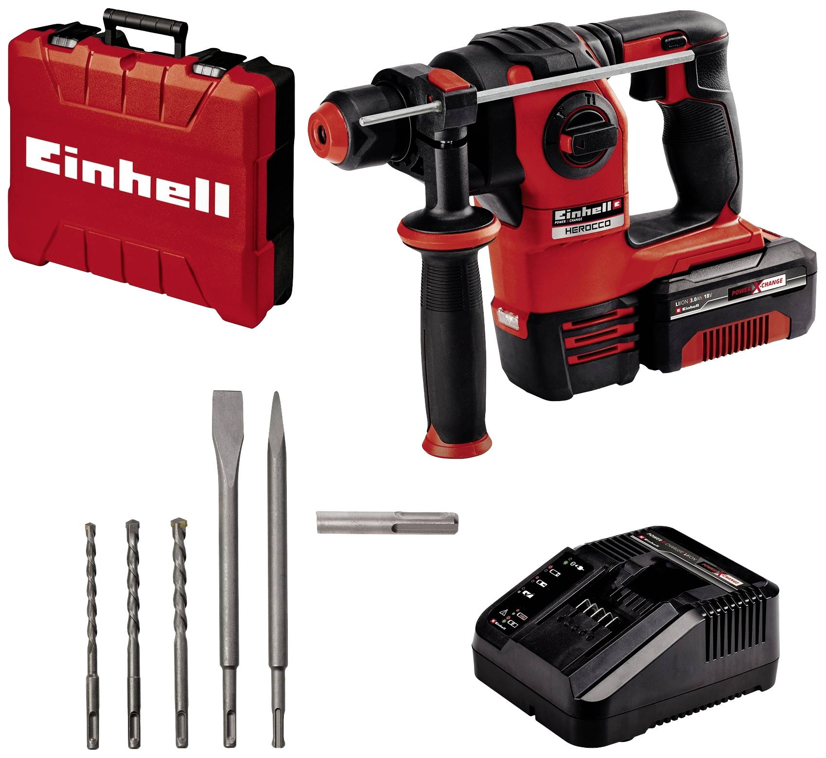 Ensemble marteau-perforateur Einhell avec mallette à outils rouge, forets, burins et chargeur.