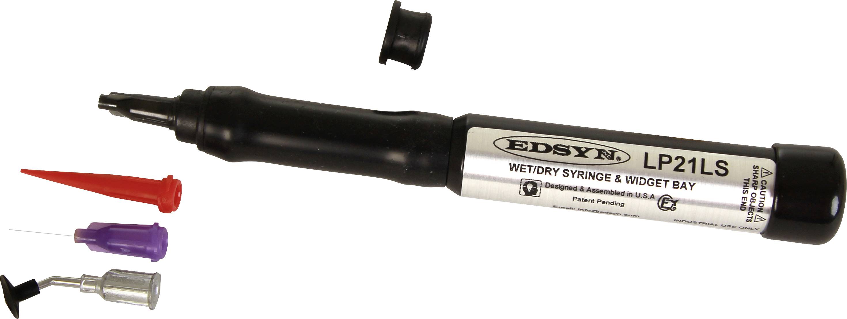 Un distributeur de liquide Edsyn LP21LS noir avec des embouts adaptateurs de différentes couleurs et tailles, posés en vrac à côté.