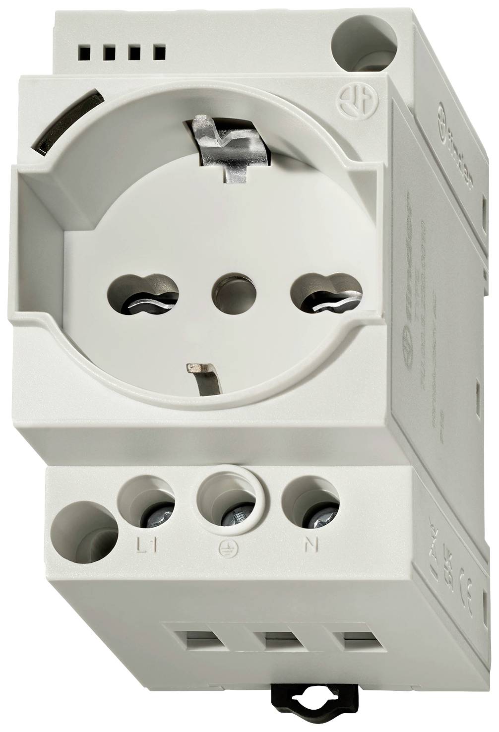 Une prise modulaire destinée à être montée sur rail DIN, adaptée aux applications industrielles, est représentée ici.