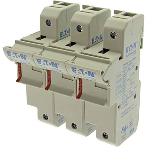 Un disjoncteur tripolaire de la marque Eaton, modèle Bussmann. Utilisé pour protéger les circuits électriques contre les surcharges et les courts-circuits.