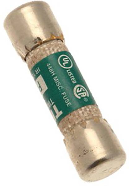 Un fusible cylindrique avec une étiquette verte, marqué '440H MISC. FUSE', présente des signes de contrôle de sécurité et de certification.