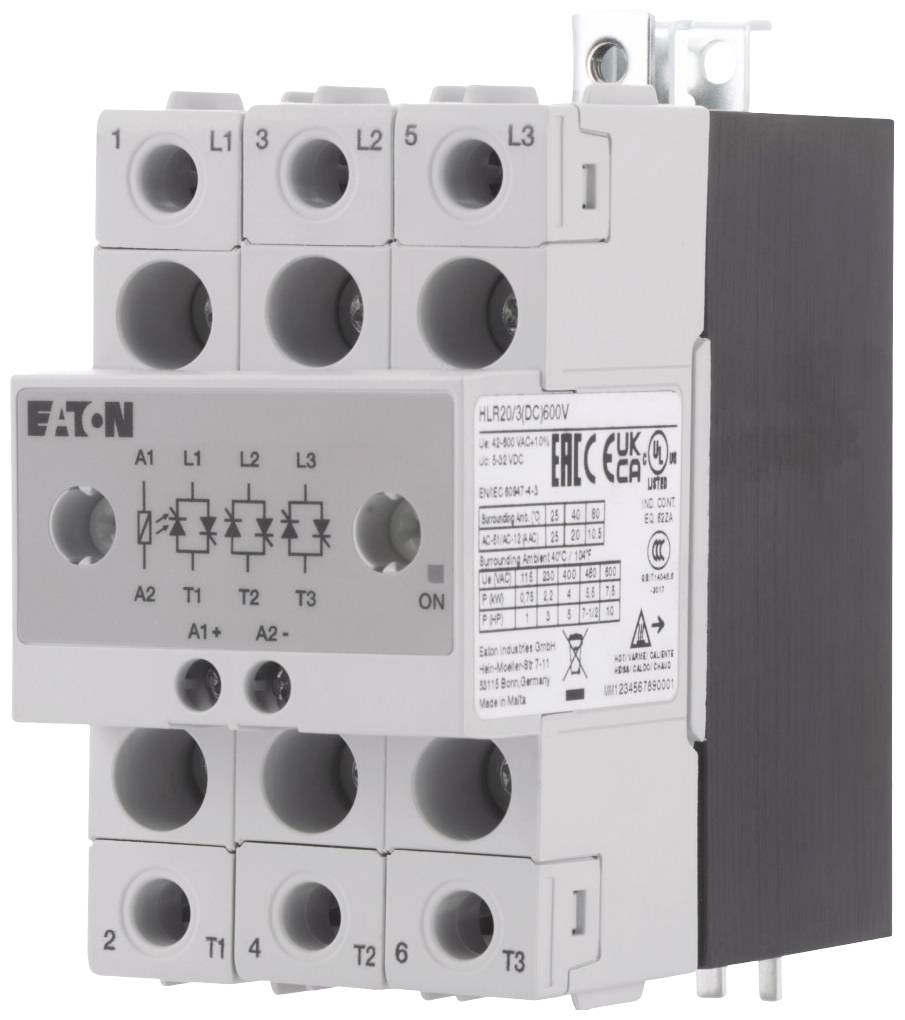 Un disjoncteur Eaton avec le numéro de modèle PLR20/30-DC500V. Il dispose de trois contacts de puissance (L1, L2, L3) et de bornes de bobine (A1, A2).