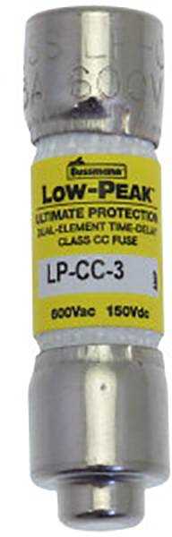 Fusible avec étiquette jaune, inscription 'Low-Peak Ultimate Protection LP-CC-3', adapté pour 600Vac et 150Vdc.