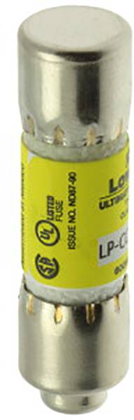 Un fusible cylindrique avec une étiquette jaune, portant l'inscription 'LOVATO LP-CC' et un sceau de contrôle.