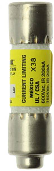 Un fusible cylindrique avec une étiquette jaune. Texte : 'Limitation de courant', '600V CA', et '200A'.