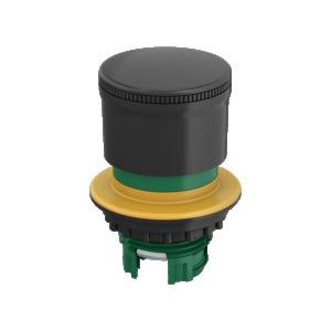 Bouton-poussoir rond, noir, avec un bord jaune et un socle vert, design typique des commandes industrielles et des machines.