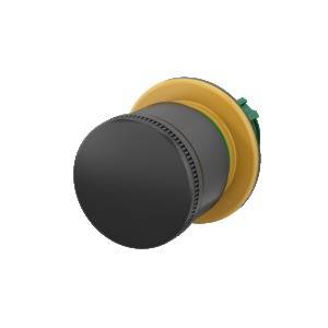 Un grand bouton noir et rond avec un socle jaune, probablement destiné à des applications industrielles ou à des commandes de machines.