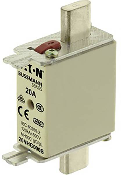 Un fusible NH avec l'étiquette 'Série Bussmann', 20A, 120kA, 500V. Un indicateur rouge est visible en haut.