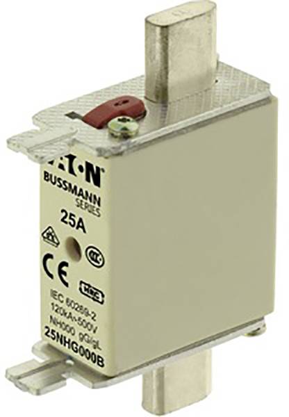 Sécurité industrielle de la série Eaton Bussmann, 25A, avec marquage CE. Boîtier beige, levier rouge en haut, contacts métalliques rectangulaires.