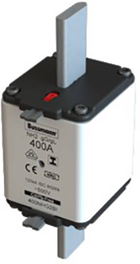 Fusible électrique avec calibre '400A' marqué, boîtier noir et contacts argentés, conçu pour la protection contre les surcharges électriques.