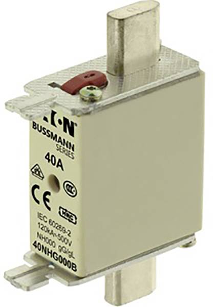 Fusible DIN NH de la série Bussmann, 40A, 500V. Convient pour les applications industrielles. Certifié CE et IEC.