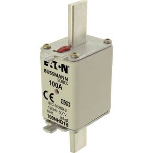 Un fusible NH Eaton Bussmann, 100A, avec des bornes argentées. Texte : '100A, 120kA, 500V, NHH1, 100NHG1B'.