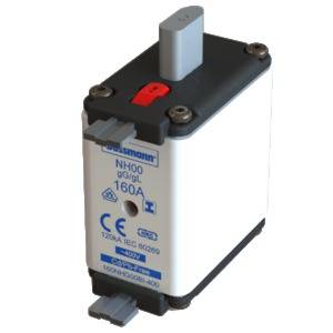 Un fusible NH avec une poignée sur le dessus, portant une indication de 160A, certifié CE, représenté sur un fond blanc.