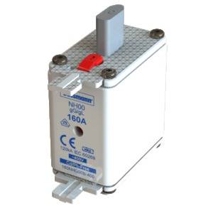 Fusible NH de taille 00 avec l'inscription '160A', marquage CE et logo du fabricant. Adapté aux applications industrielles.