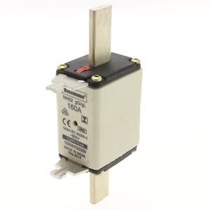 Un fusible rectangulaire portant l'inscription '160A' pour les installations électriques. Des contacts métalliques sont présents en haut et en bas.