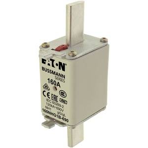 Fusible de la série Bussmann avec un courant nominal de 160A, adapté à la norme IEC 60269-2. Forme rectangulaire avec des contacts métalliques en haut et en bas.