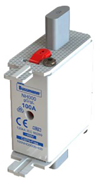 Élément de fusible NH électrique, 100A, avec poignée rouge pour la sécurisation du circuit de protection. Monté sur support standard.