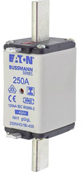 Fusible NH avec l'inscription 'Eaton Bussmann Series 250A', formé comme un bloc rectangulaire avec des bornes de connexion métalliques en haut et en bas.