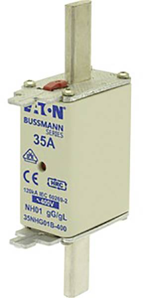 Fusible Eaton Bussmann portant l'inscription '35A'. Contient des informations sur le produit et le marquage CE.