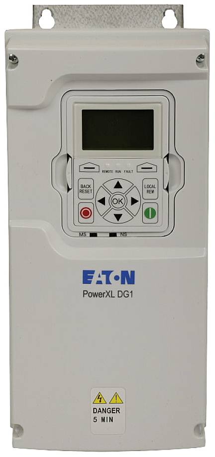 Un convertisseur de fréquence électrique blanc d'Eaton, modèle PowerXL DG1, avec panneau de commande et avertissement 'Danger 5 min'.