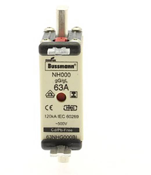 Un fusible électrique de Bussmann, modèle NH000, avec un courant nominal de 63A et une tension nominale de 500V.