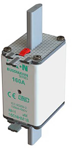 Fusible, 160A, de Bussmann avec marquage CE. Boîtier rectangulaire, gris avec indicateur rouge.