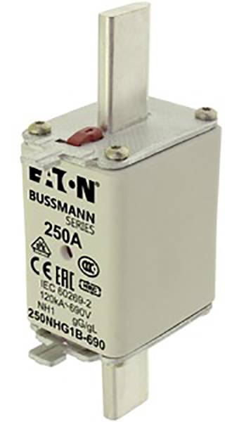 Fusible Eaton Bussmann Series, 250A, marquage CE, pour applications jusqu'à 690V. Contacts métalliques supérieurs et inférieurs.