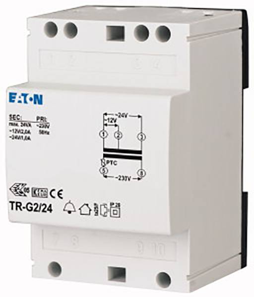 Un dispositif de relais électrique blanc avec plusieurs bornes et l'inscription 'TR-G2/24'. Le logo du fabricant est visible en haut à gauche.