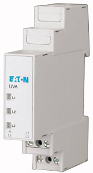 Un parafoudre triphasé de la marque Eaton, modèle UVA, identifiable par ses étiquettes pour L1, L2, L3 et neutre.